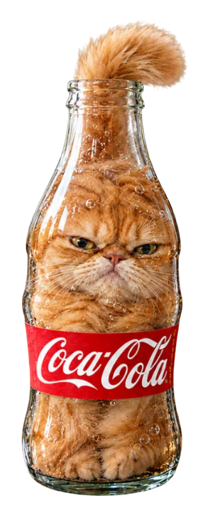 A grumpy orange flat-faced cat packed inside a glass cola bottle, tail sticking out of the neck